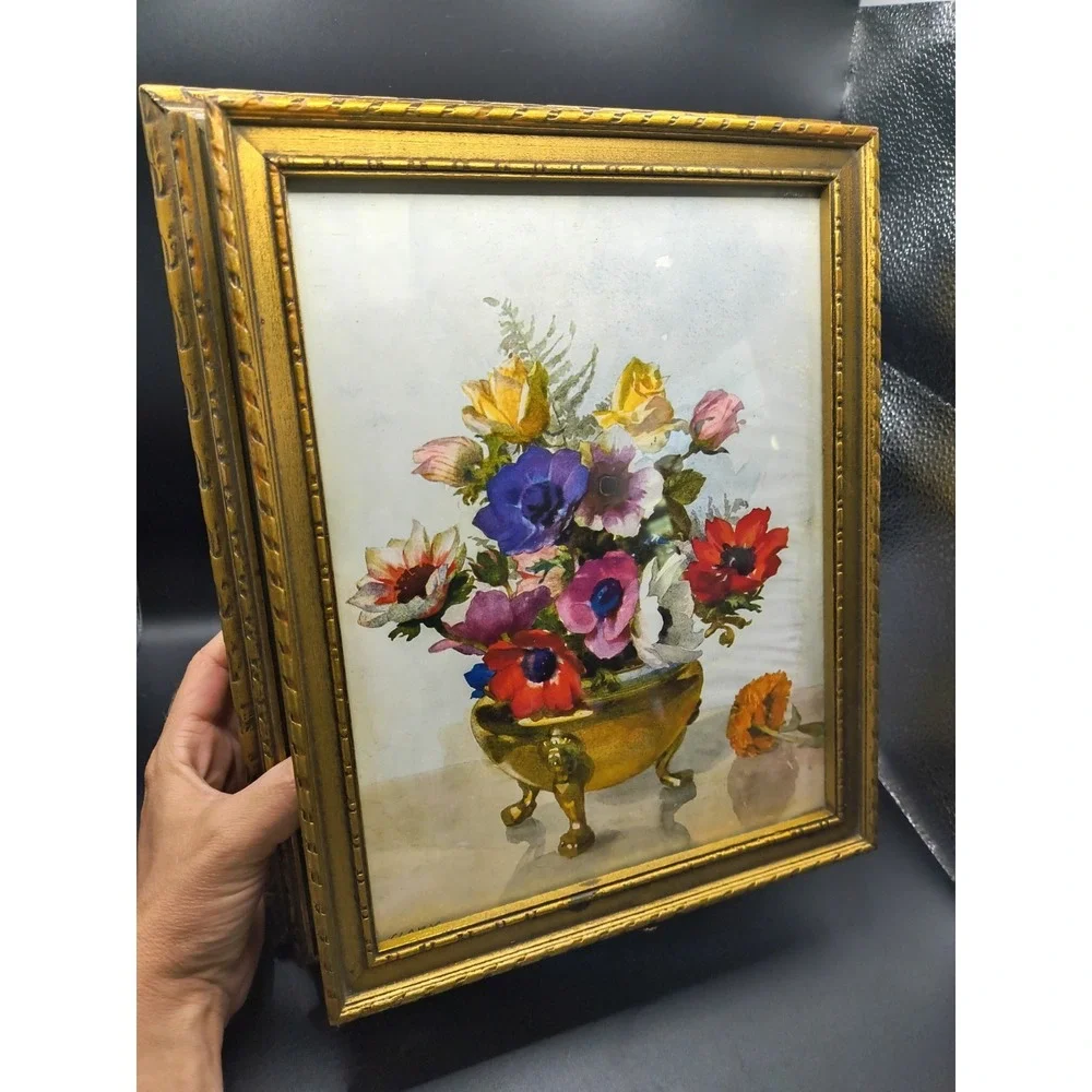Vintage 1940s Gold Gilt Wooden Jewelry Box with Mirror & Floral Art SEE PHOTOS